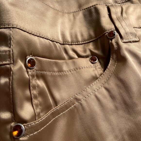 NWT Golden Khaki Nude Satin Shiny Flare Pants - Picture 7 of 14